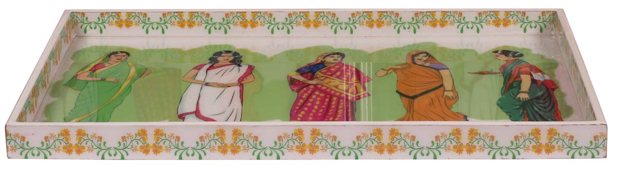 Buy in Bulk Wholesale Serving Tray in MDF - 12” Hand-Crafted Multicolored - Decorative Tray with Indian Women Enamelled Art - Classic Serve-Ware/Decor/Gifts from India